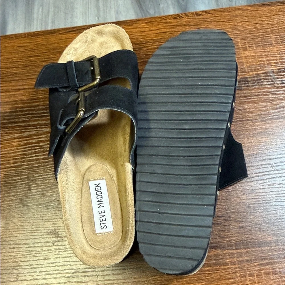 Steve Madden Black Suede Platform Sandals with Gold Studs